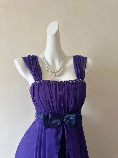 Vintage A Line Straps Beaded Dark Purple Chiffon Prom Dress Outfits DP5013