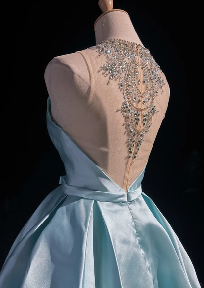 Baby Blue A Line Rhinestone Bow Satin Short Homecoming Dress DP2761