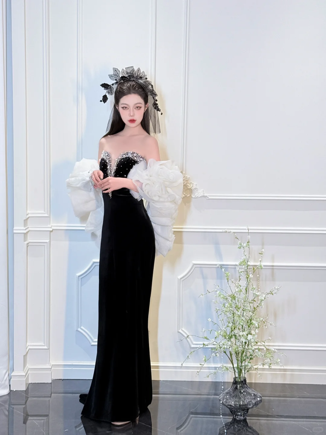 Elegant Mermaid V Neck Pearl Black Velvet Satin Long Prom Dress Party Dress DP4310