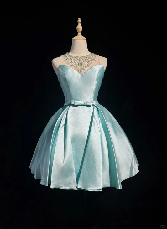 Baby Blue A Line Rhinestone Bow Satin Short Homecoming Dress DP2761
