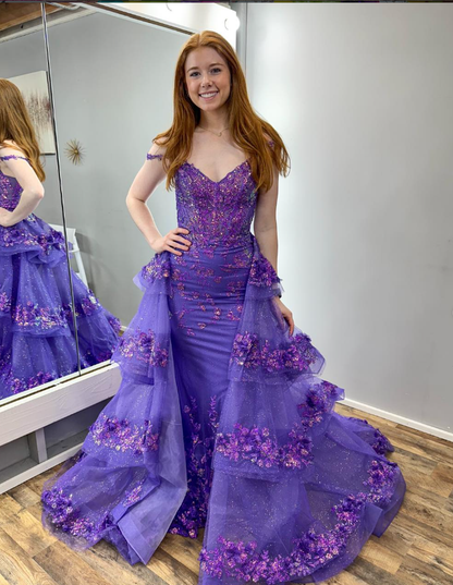 Glamorous A Line Spaghetti Straps Purple Sequin Tulle Long Prom Dress Evening Dress DP6520