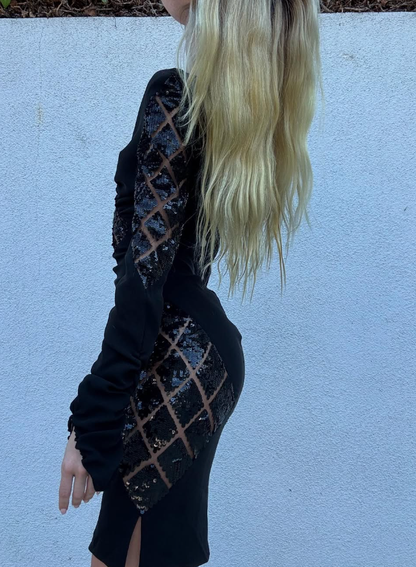 Elegant Sheath V Neck Long Sleeve Black Sequin Satin Prom Dress Evening Dress DP2083