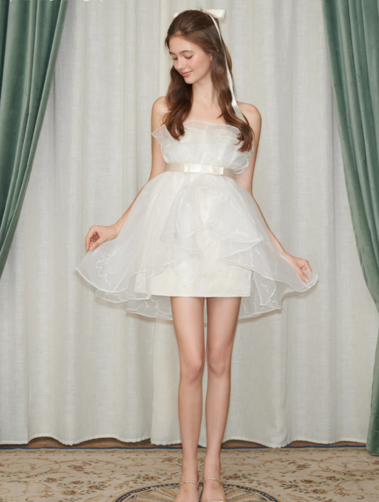 Fairy A Line Straps White Organza Satin Short Homecoming Dress Cocktail Dress DP2634