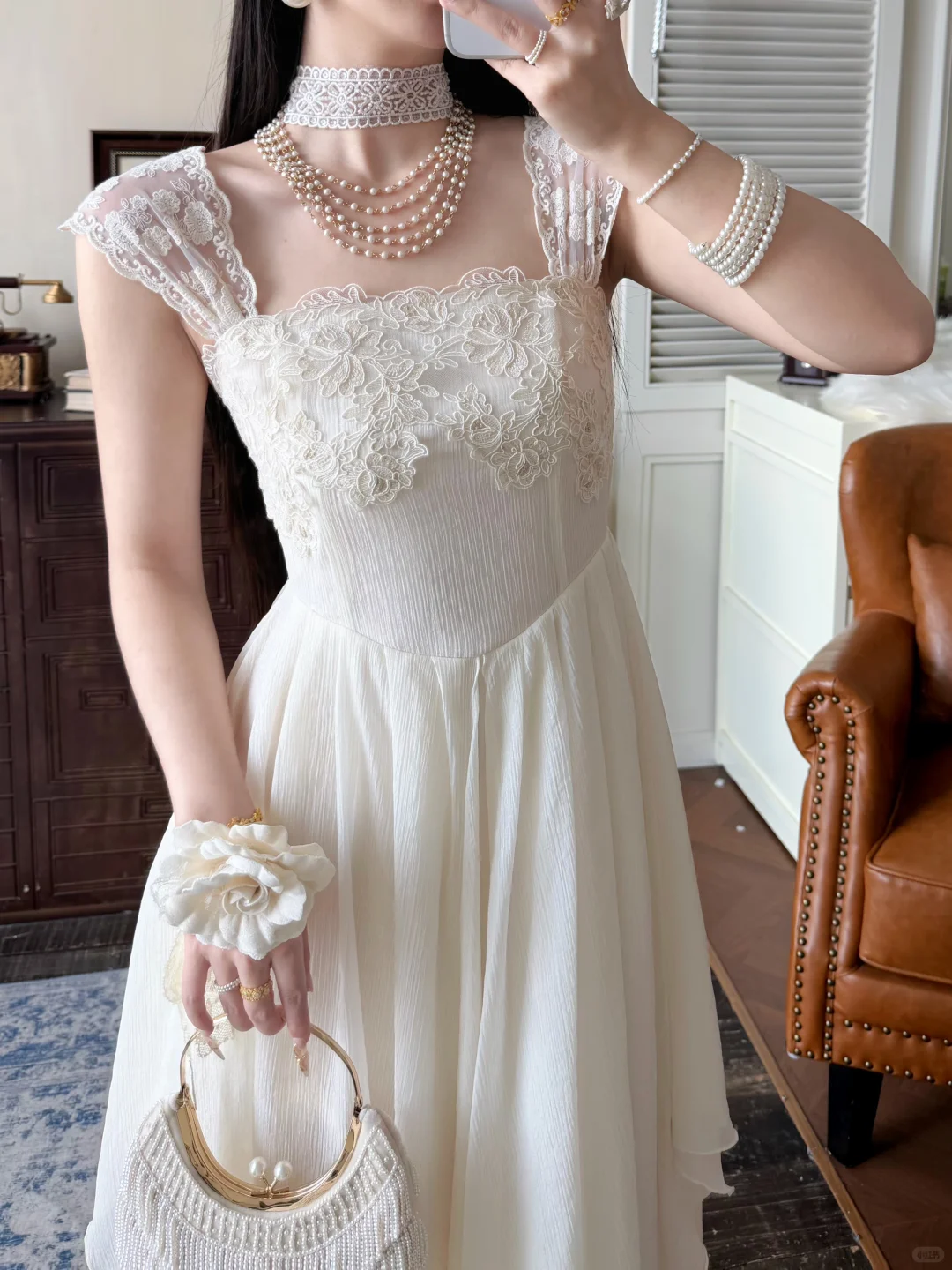 Gentle White A Line Straps Lace Chiffon Prom Dress Evening Dress DP6455