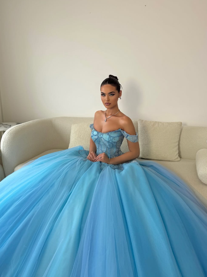 Gorgeous Ball Gown Off the Shoulder Beaded Blue Tulle Long Prom Dress Evening Dress DP1822