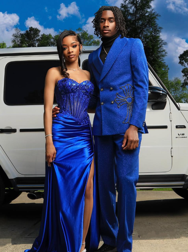 Royal Blue High Slit Sheath Strapless Corset Beaded Satin Long Prom Dress DP5056