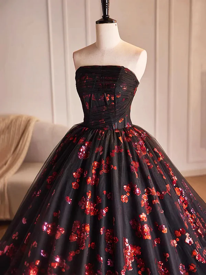 Floral Print Satin Tulle Long Strapless Prom Dress Formal Sweet 16 Ball Gown Quinceanera Dress DP016