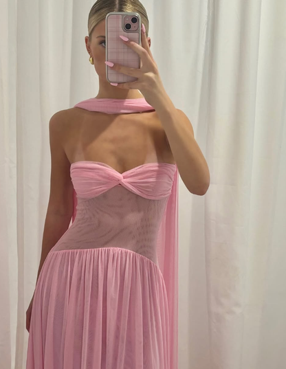 Romantic Pink A Line Sweetheart Neck Tulle Long Prom Dress Evening Dress DP7467