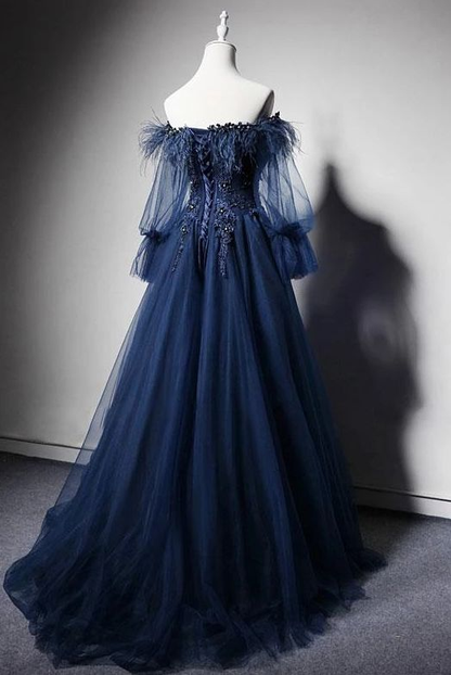 Off The Soulder Navy Blue Long Evening Dress Tulle Prom Dress DP167