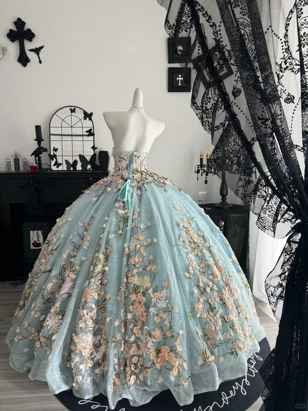 Blue Ball Gown Sweetheart Neck Floral Tulle Prom Dress Quinceanera Dress DP6968