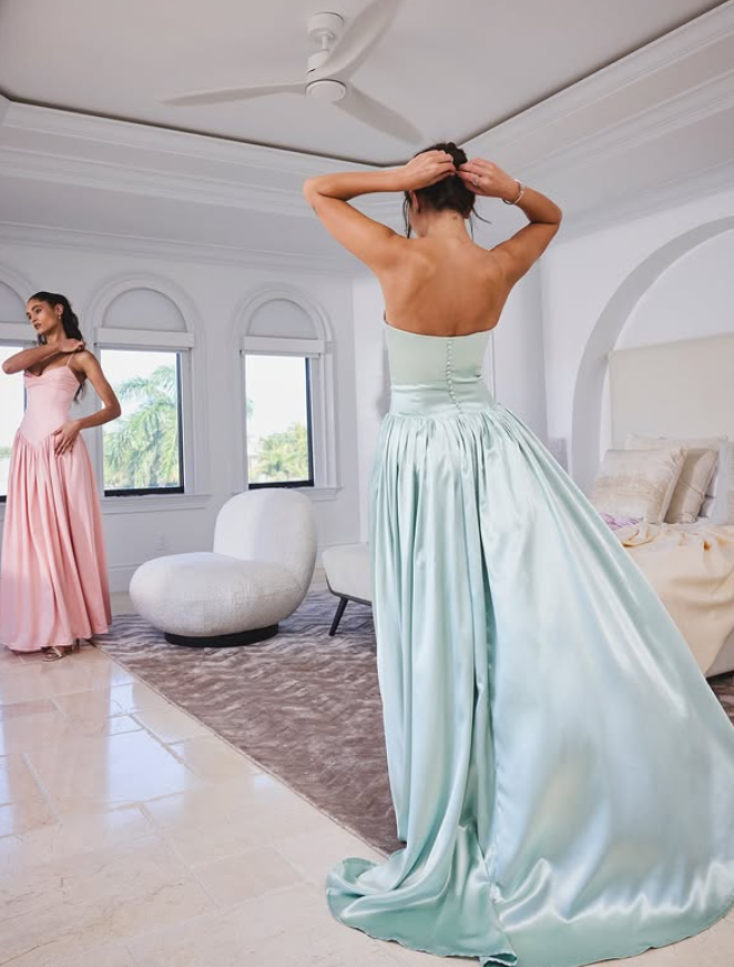 Princess A Line Strapless Green Bow Satin Prom Dress Evening Dress DP4406