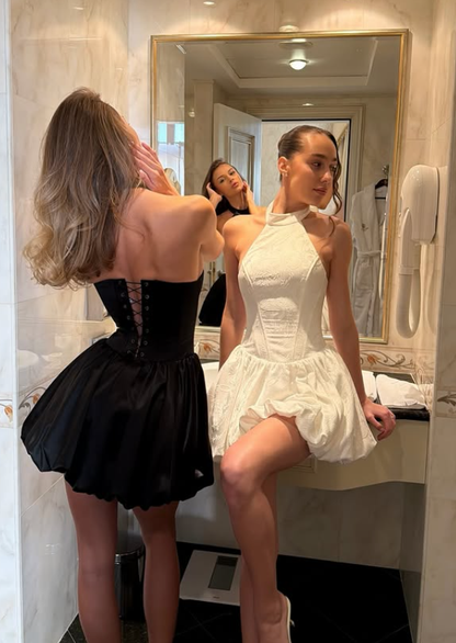 Cute White A Line Halter White Print Satin Short Homecoming Dress Outfits DP6012