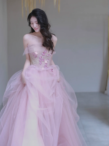 Elegant A Line Strapless Pink Flower Tulle Long Party Dress Evening Dress DP2549