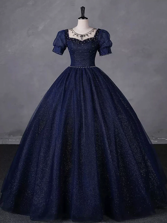 Charming Navy Blue Tulle Beading Long Party Dress  Evening Dress Ball Gown DP312