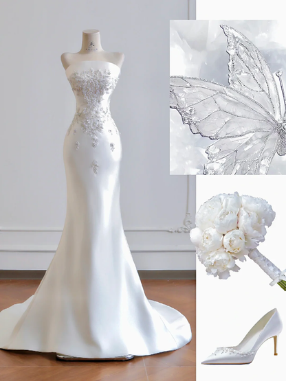 White Mermaid Strapless Exquisite Beaded Satin Long Prom Dresses Wedding Dresses DP4188