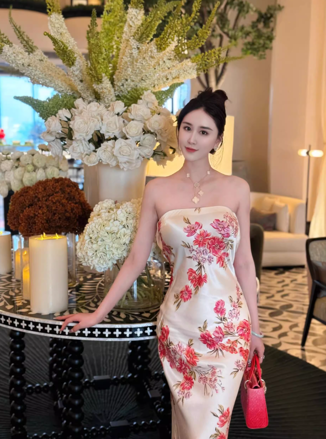 Simple Sheath Strapless Pink Print Floral Satin Prom Dress Date Dress DP4428