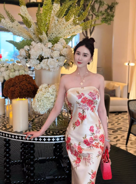 Simple Sheath Strapless Pink Print Floral Satin Prom Dress Date Dress DP4428