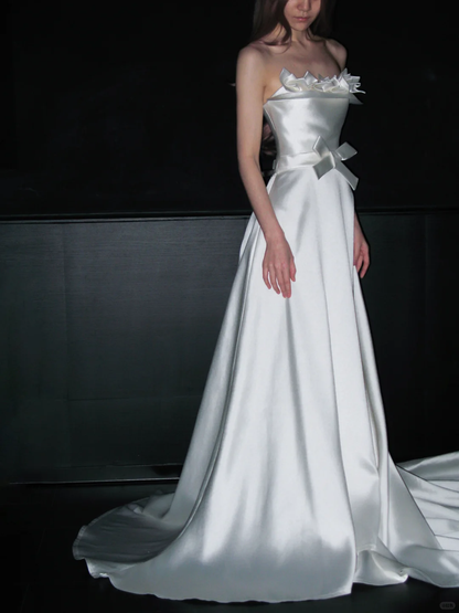 Elegant White Bow A Line Strapless Satin Long Wedding Dress DP4407