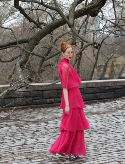 Elegant Pink A Line High Neck Layered Chiffon Long Prom Dress Evening Dress Date Dress DP3108