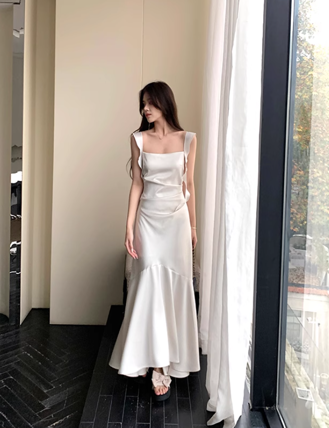 Elegant White Mermaid Straps Satin Prom Dress Formal Dress Evening Dress DP3451