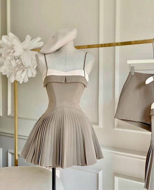 Simple A Line Spaghetti Strap Pleated Satin Short Homecoming Dress Evening Dress DP1342