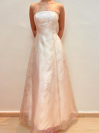 Vintage A Line Strapless Print Floral Satin Tulle Prom Dress Evening Dress DP1778
