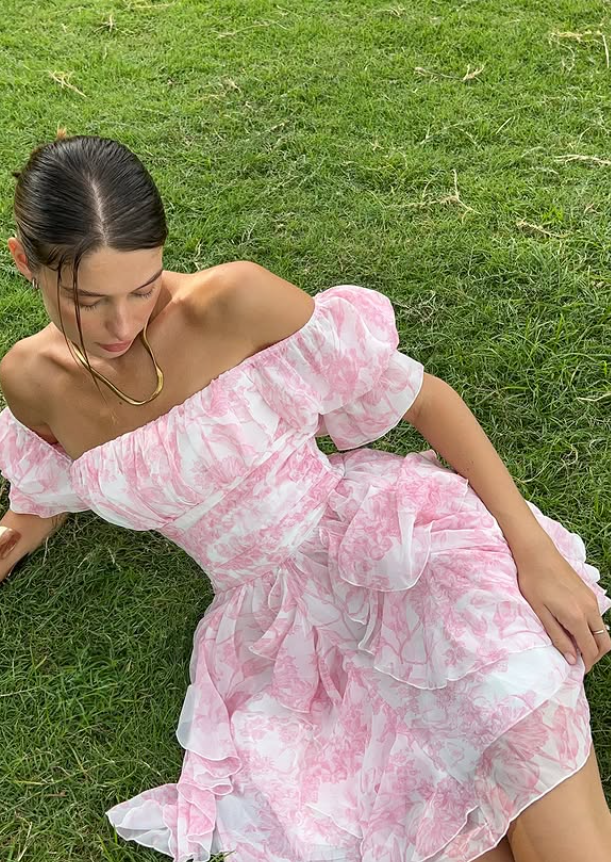 Sweety Pink A Line Off the Shoulder Print Chiffon Short Homecoming Dress Outfits DP5998