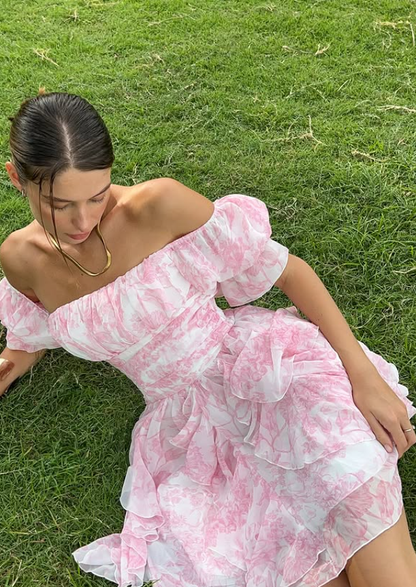 Sweety Pink A Line Off the Shoulder Print Chiffon Short Homecoming Dress Outfits DP5998
