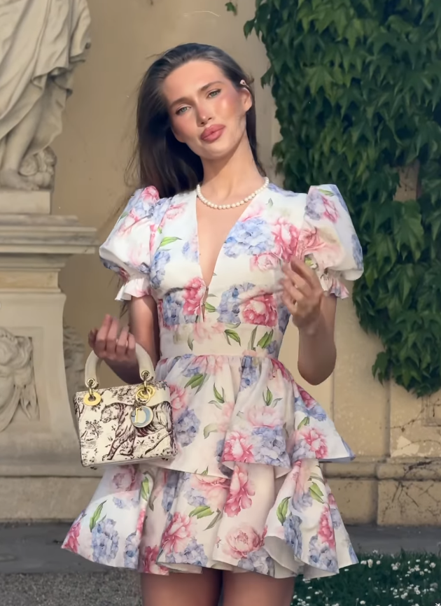 Pink-Blue Print A Line Puff Sleeve Layered Chiffon Short Homecoming Dress Outfits DP6016