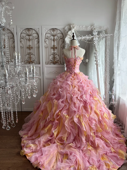Vintage Pink-Yellow Ball Gown Halter Ruffle Organza Prom Dress Sweet 16 Dress DP5666