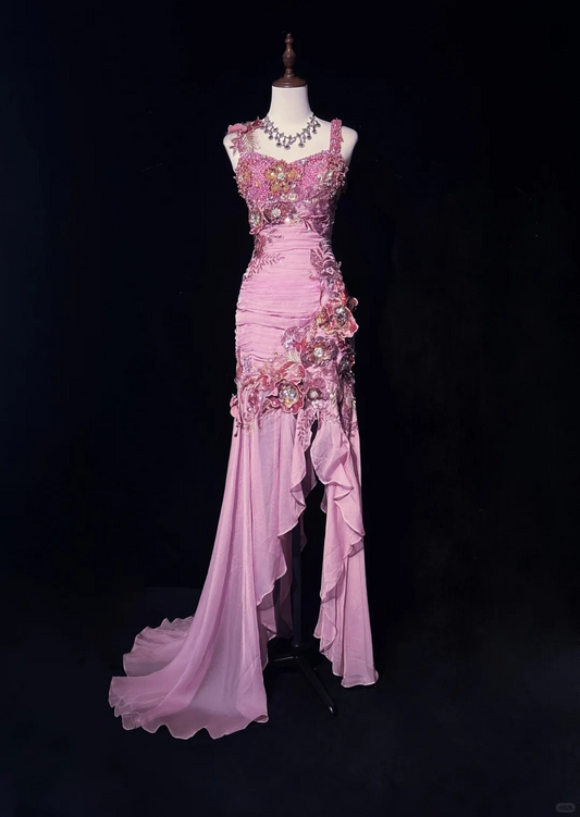 Vintage Mermaid Straps 3D Flower Beaded Chiffon Chiffon Long Prom Dress Party Dress with Slit DP2767
