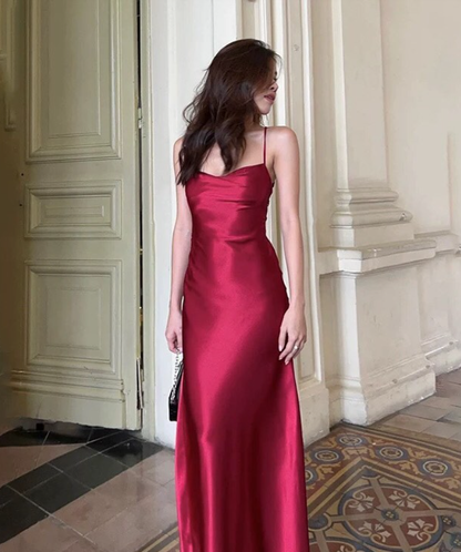 Burgundy A Line Spaghetti Strap Satin Open Back Long Prom Dress Evening Dress DP4266