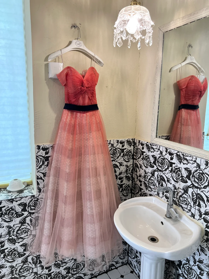 Elegant Red Ombre A Line Off the Shoulder Tulle Long Prom Dress Evening Dress DP3326