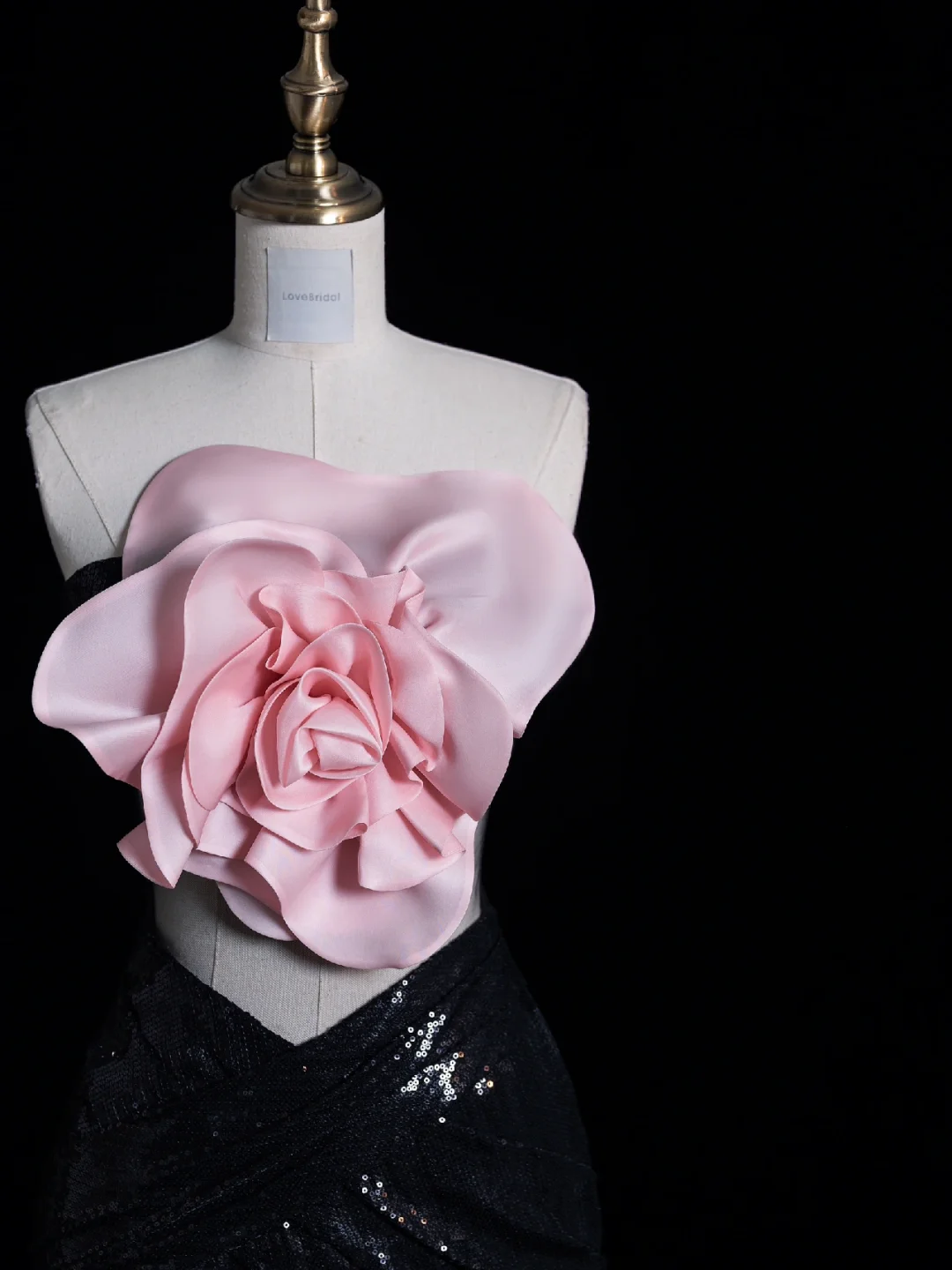 Cute Sheath Strapless Pink Flower Black Sequin Long Prom Dress Evening Dress DP2099