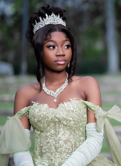 Light Green Princess Ball Gown Appliques Tulle Long Prom Dress 16th Birthday Dress DP5060