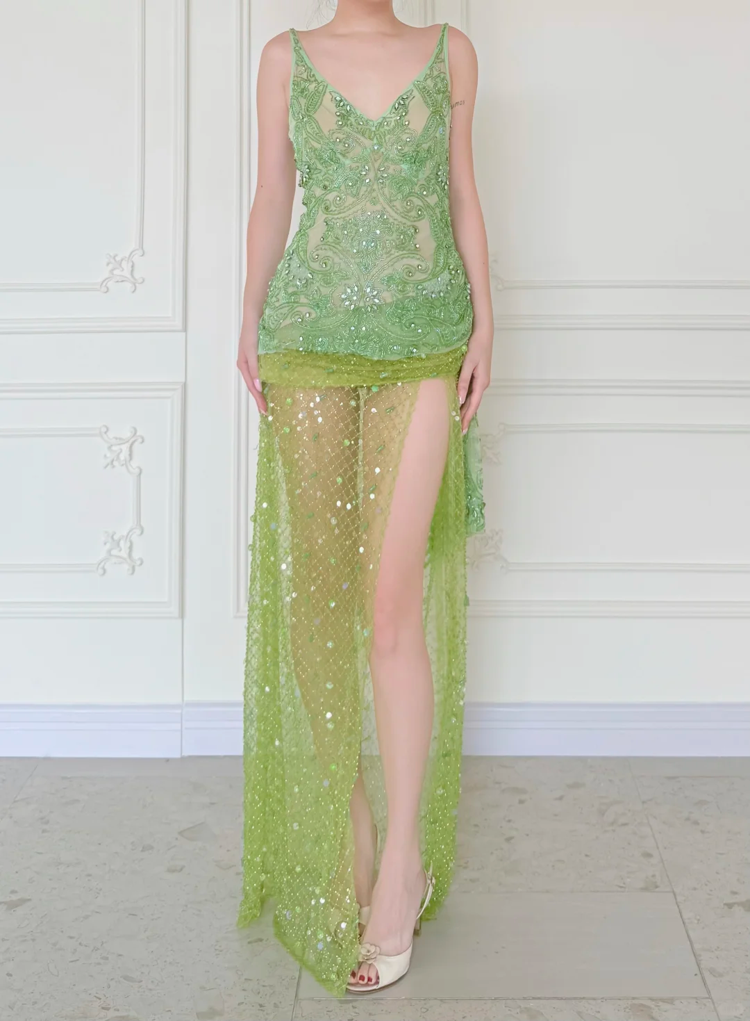 Summer Green A Line V Neck Shiny Beaded Slit Long Prom Dress Evening Dress DP5472