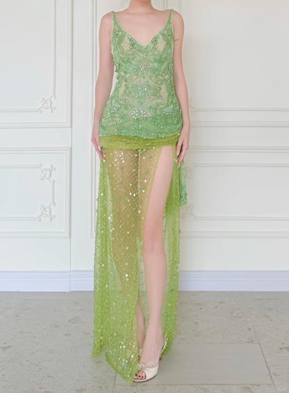 Summer Green A Line V Neck Shiny Beaded Slit Long Prom Dress Evening Dress DP5472