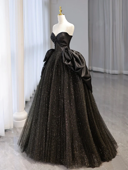 Charming Sweetheart Neck Tulle Satin Long Prom Dress, Black Ball Gown Sweet 16 Party Dress DP031