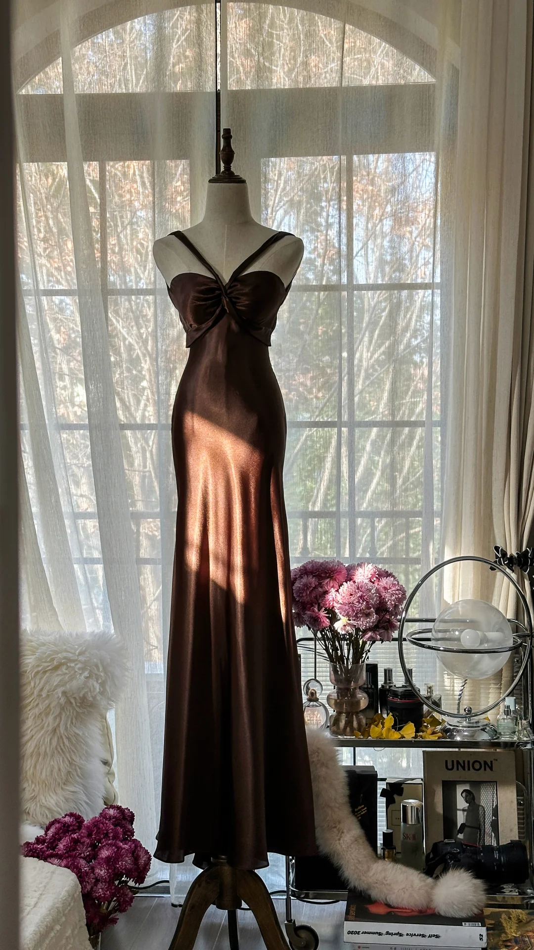 Sexy Mermaid Halter Brown Satin Long Open Back Party Dress Evening Dress DP2475