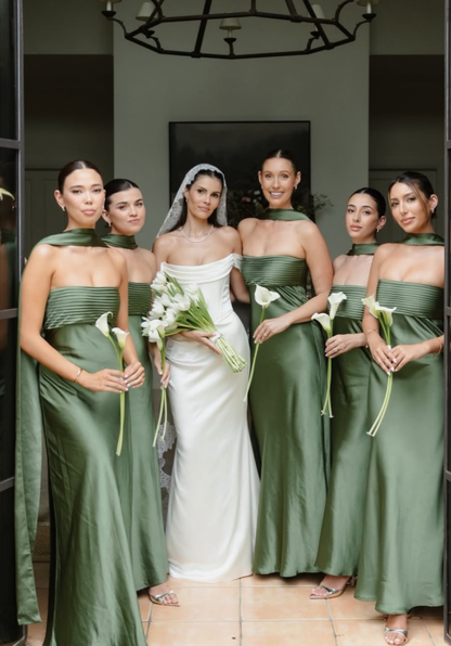 Glamorous Dark Green Sheath Strapless Pleated Satin Bridesmaid Dress DP5095