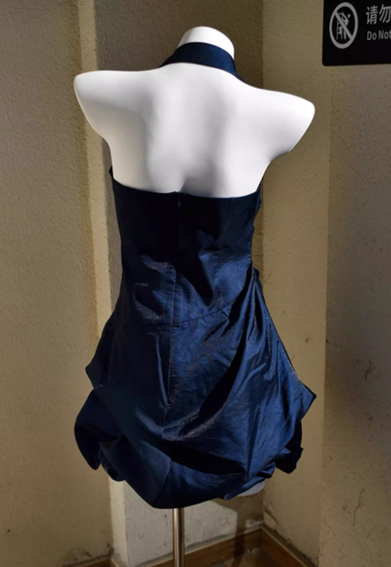 Cute Navy Blue A Line Halter Pleated Satin Open Back Short Homecoming Dress Outfits DP4700