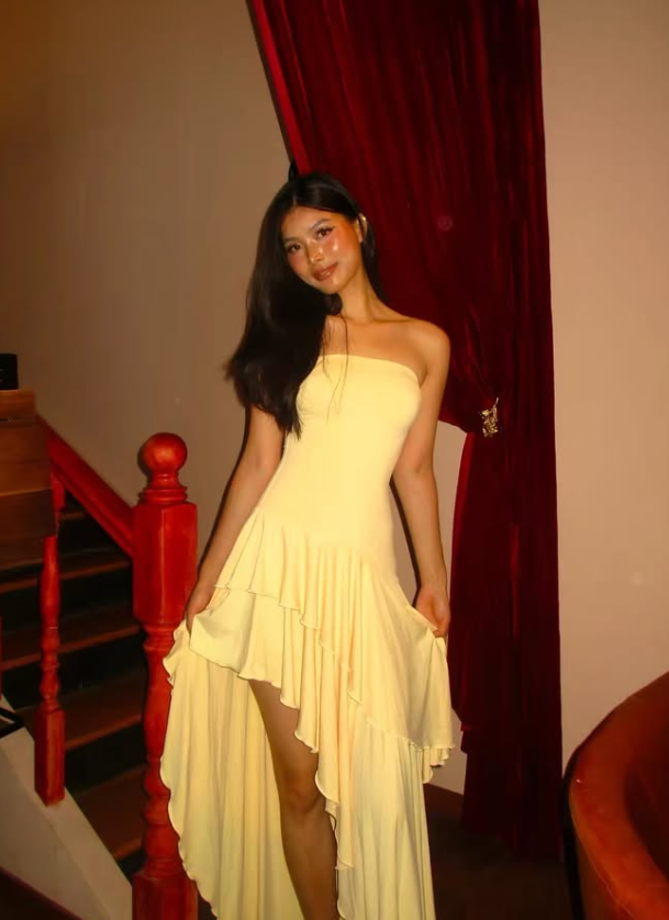 Cute Yellow A Line Strapless Satin Long Prom Dress Evening Dress with Slit DP7956