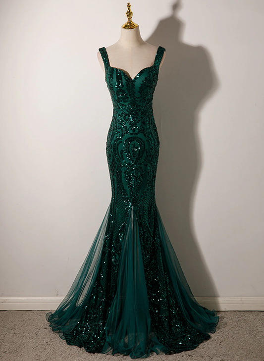 Green Mermaid Long Straps Sequins Long Prom Dress Evening Dress DP230