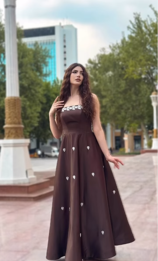 Brown A Line Strapless Shiny Beaded Satin Prom Dress Evening Dress DP5027