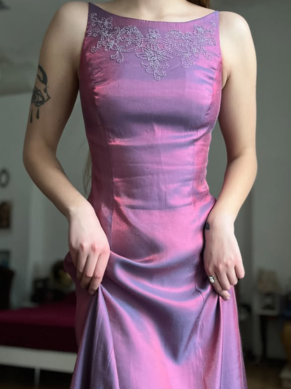 Vintage A Line Exquisite Beaded Purple Satin Prom Dress Evening Dress Date Dress DP5707