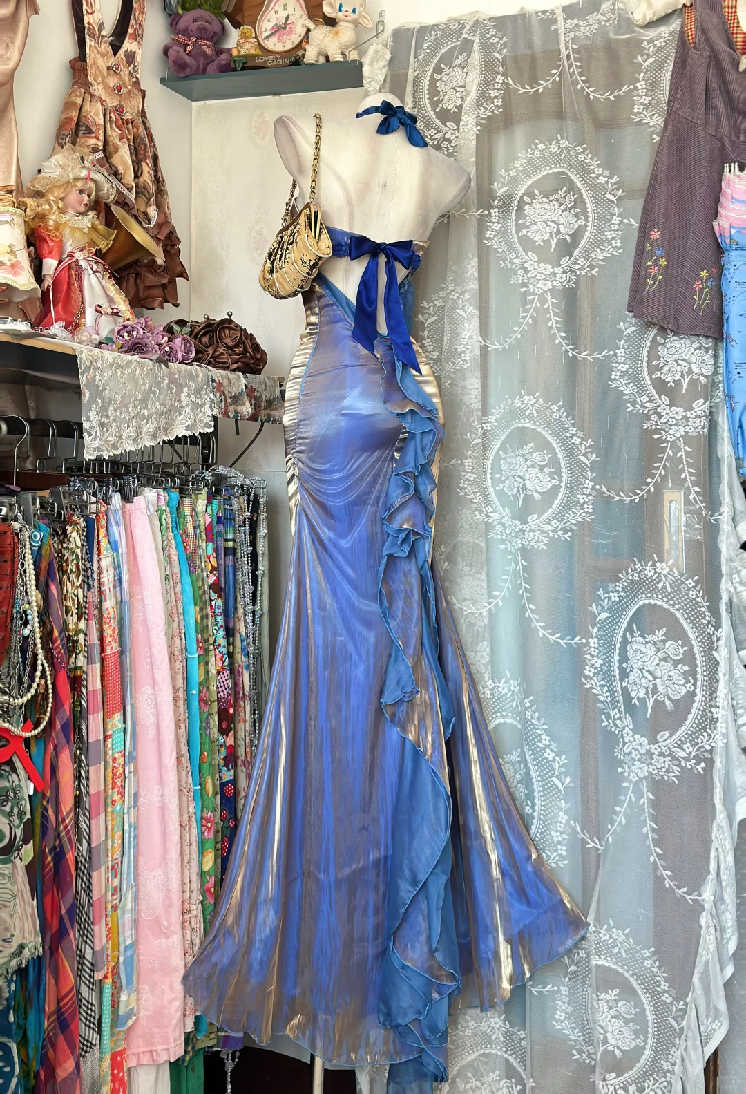 Vintage Mermaid Strapless Applique Blue Satin Tulle Prom Dress Evening Dress DP8254