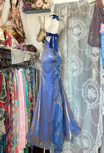Vintage Mermaid Strapless Applique Blue Satin Tulle Prom Dress Evening Dress DP8254