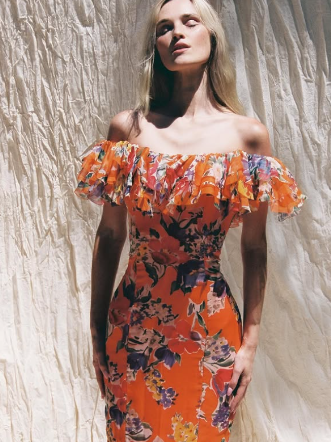 Mermaid Off the Shoulder Print Floral Orange Chiffon Long Prom Dress Party Dress DP3778