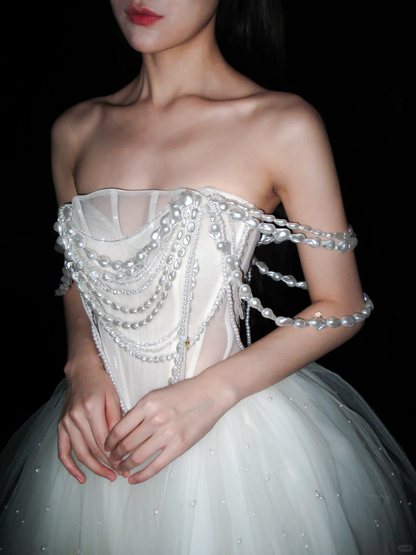 Luxurious White Pearl A Line Straps Tulle Long Wedding Dress DP8085