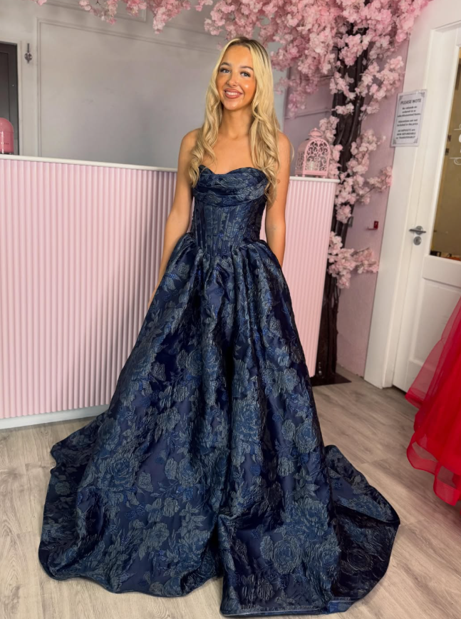 Navy Blue A Line Sweetheart Neck Print Satin Long Prom Dress Evening Dress DP6763